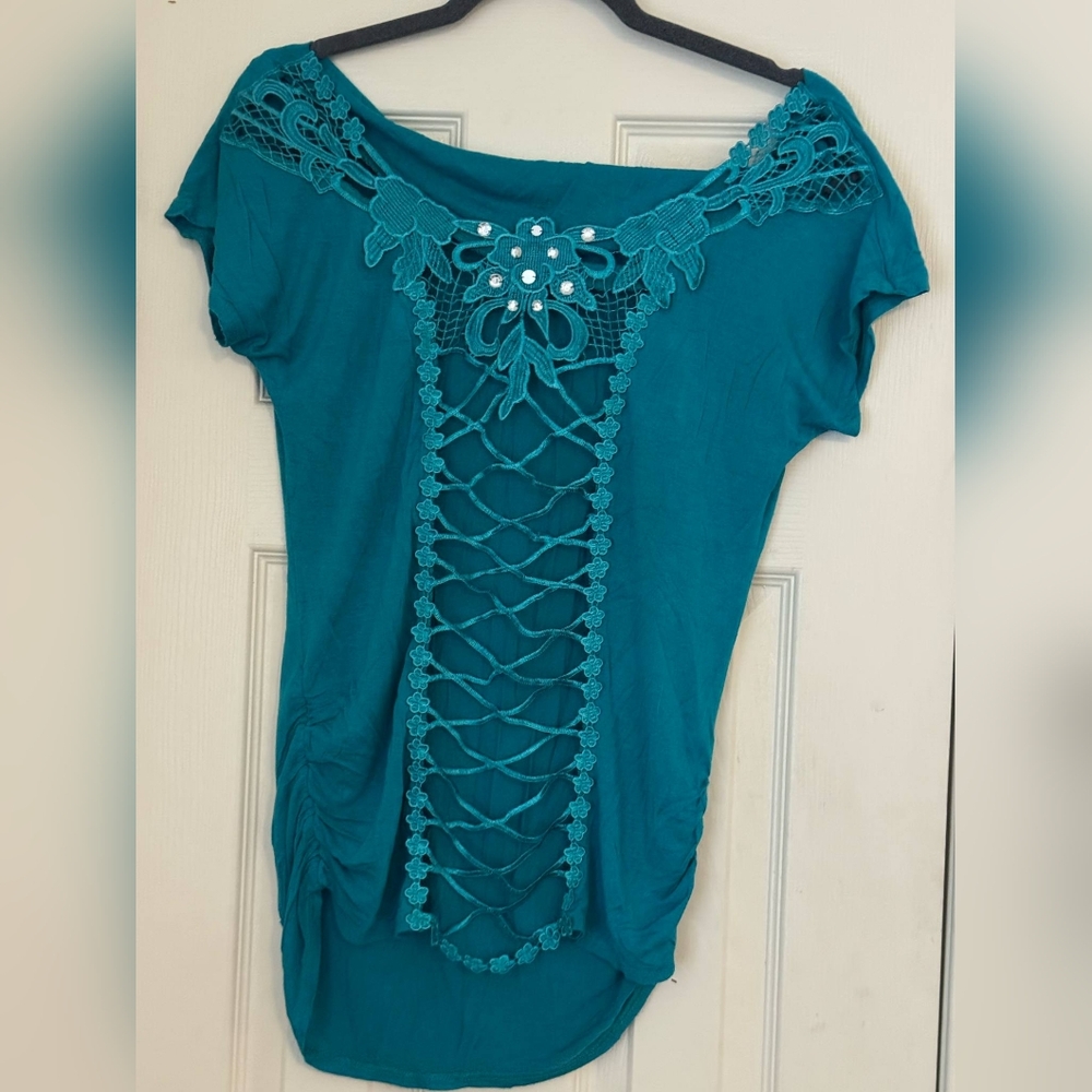 Body Central Green Embellished Cap Sleeve Blouse
